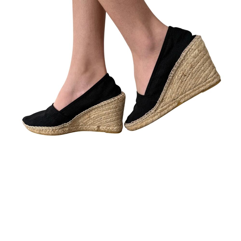 Neiman Marcus Women's Black Linen Wedge Espadrille Heel Pump Size 39